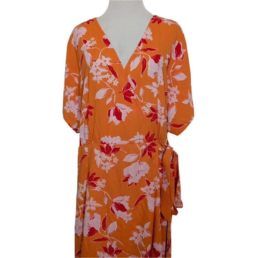 Bobeau Floral Maxi Wrap Dress Womens Size XL Orange Dolman Sleeve Tropical - Picture 2 of 13